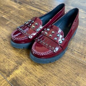 Geox Burgundy Patent Loafers with Fringe and Studs